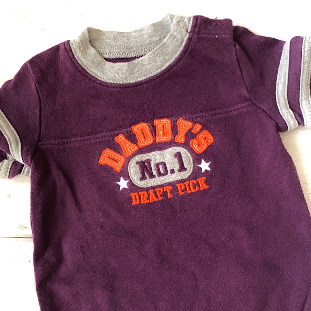 Carters 6m Baby Boy Football Outfit Daddy’s Draft Pick Purple Onesie Gray Pants - Picture 3 of 4